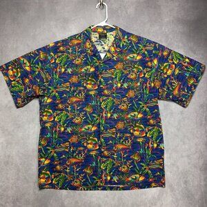 Toucan Dance Men Shirt size Large Short Sleeve Button Up Blue Fish Coral Sea USA